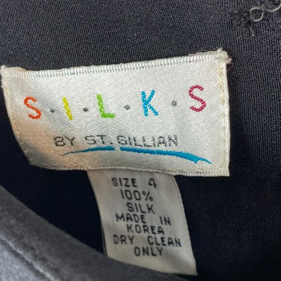 ST. GILLIAN SILKS Dress 4 Sheath Midi Printed Draped Long Sleeve Black Vintage - Picture 9 of 13